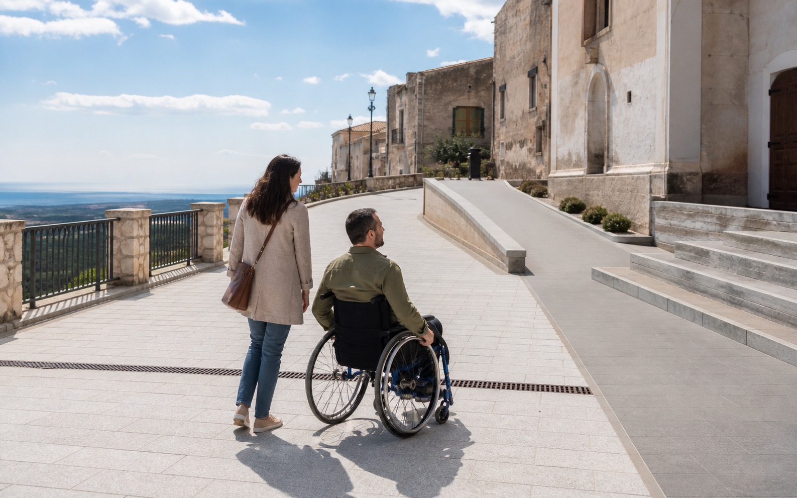 Viaggiatore in sedia a rotelle su un percorso accessibile nel borgo