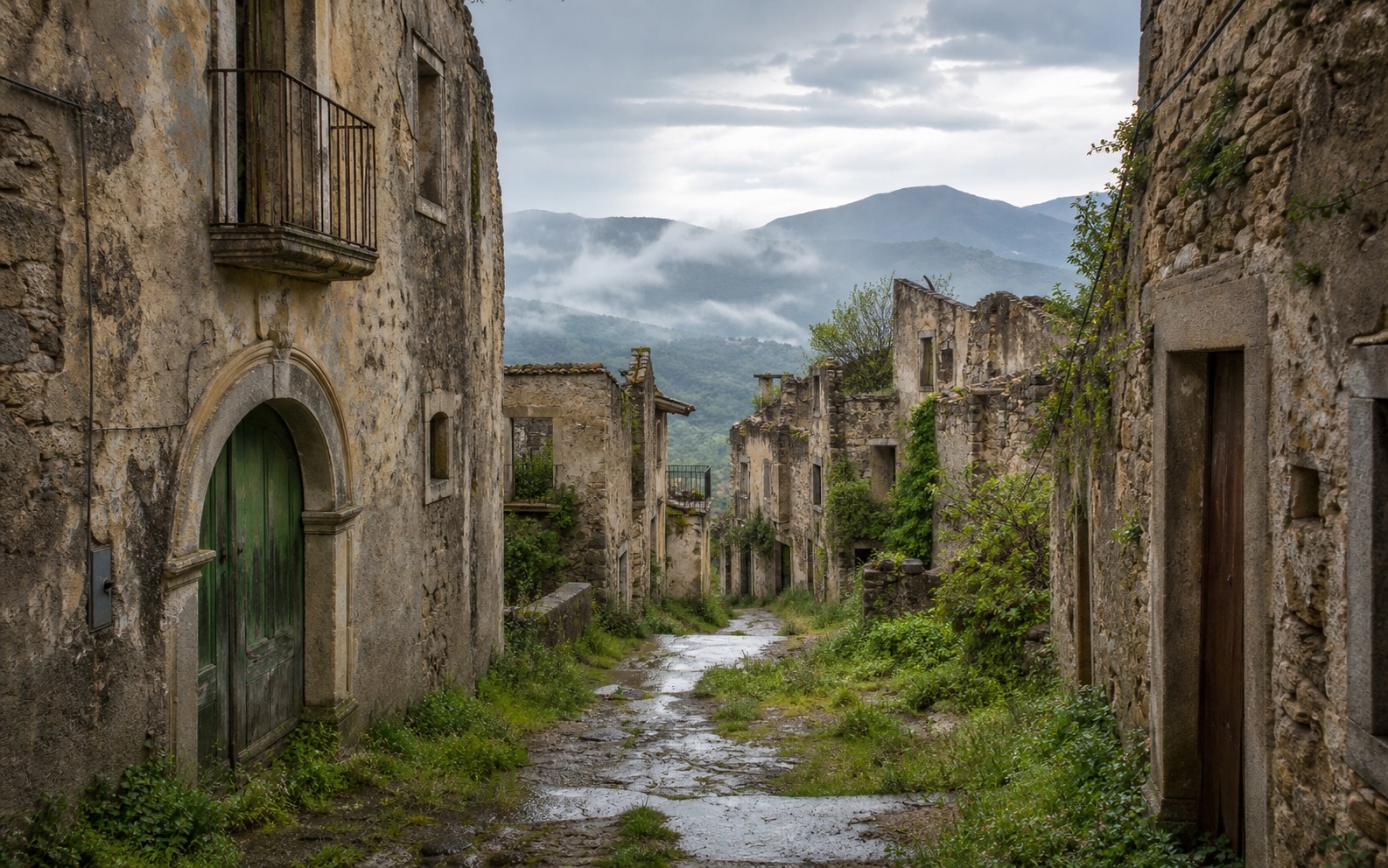 Borgo abbandonato calabrese tra vegetazione e montagne