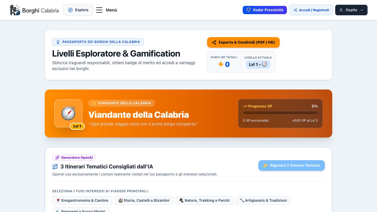 Schermata reale del passaporto digitale con livelli e punti esperienza